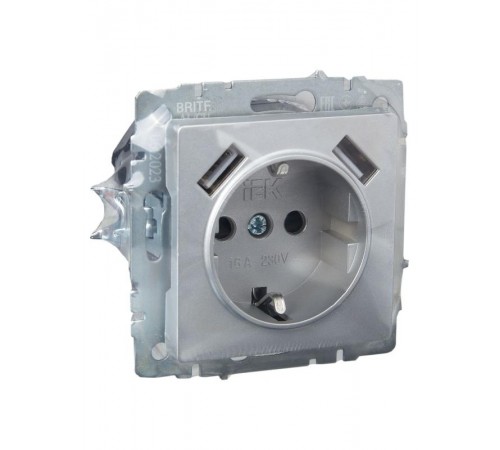 BRITE Розетка с заземлением со шторками 16А с USB A+A 2,1А РЮш10-1-БрА алюминий  BR-R14-16-U21-D21-K47  IEK
