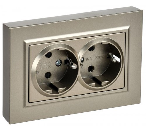 BRITE Розетка 2-местная с заземлением с защитными шторками плоская 16А в сборе РСшПл12-3-БрШ шампань   BR-R28-16-K37-F  IEK