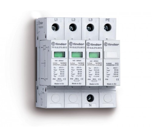 Устройство защиты от импульсных перенапряжений УЗИП тип 1 (3 варистора + 1 искровый разрядник); модульный, ширина 70мм; степень защиты IP20