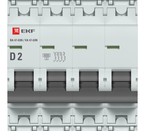 Выключатель автоматический четырёхполюсный 2А (D) 6кА ВА 47-63N PROxima M636402D  EKF