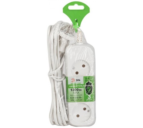 Удлинитель электрический ЭРА UDL-6-350 Greenline 3 розетки без заземления 5м ШВВП 2x0.75мм2   Б0065070  ЭРА