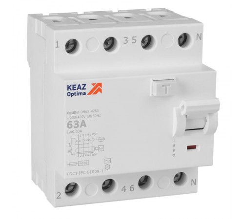 Выключатель дифференциального токаOptiDin DM63-4263-AC-4,5-УХЛ4 (4P, 63, 30mA)  343893  КЭАЗ