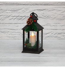 Декоративный фонарь со свечкой и шишкой, черный корпус, размер 10,7x10,7x23,5 см, цвет теплый белый  513-047  NEON-NIGHT