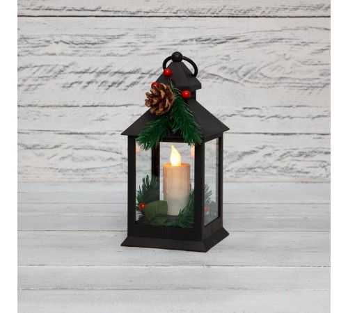 Декоративный фонарь со свечкой и шишкой, черный корпус, размер 10,7x10,7x23,5 см, цвет теплый белый  513-047  NEON-NIGHT