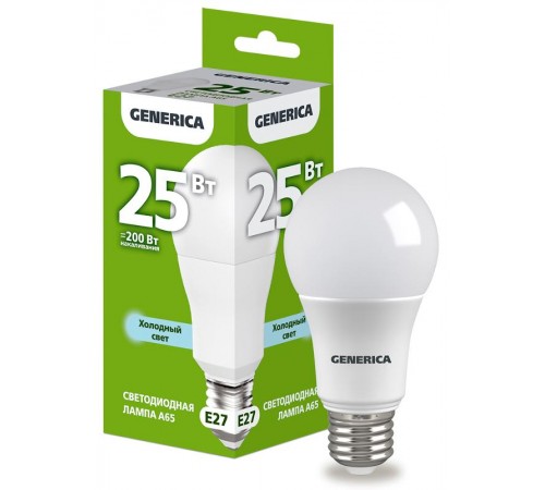 Лампа светодиодная A65 груша 25Вт 230В 6500К E27   LL-A65-25-230-65-E27-G  GENERICA