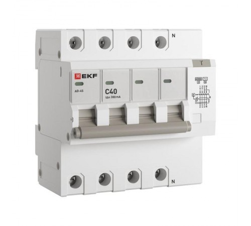 Дифференциальный автомат АД-4 S 40А/300мА (хар. C, AC, электронный, защита 270В) 6кА EKF PROxima  DA4-6-40-300S-pro  EKF