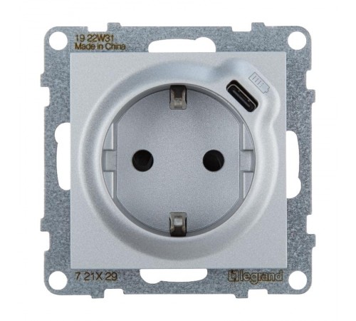 SUNO Комбинированная розетка со шторками 2К+З 16А 250В/USB С 1500мА. Безвинтовые зажимы. Цвет "Алюминий"  721329  Legrand