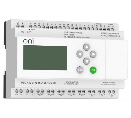 ПЛК 430 Модуль ЦПУ 4 DI 12 UI 8 RO 2 TO 24В DC EP с экр  PLC-430-CPU-16U10S-1DC-00  ONI