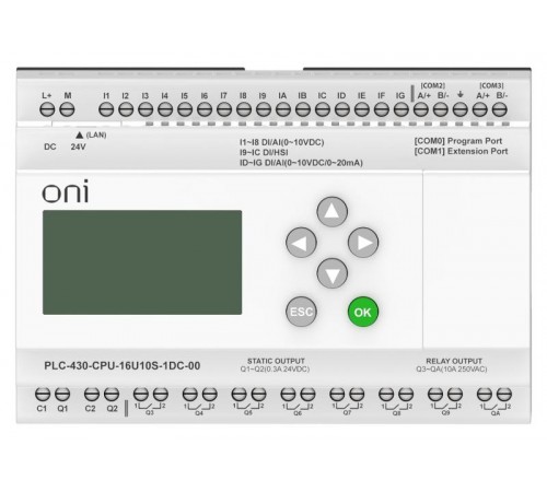 ПЛК 430 Модуль ЦПУ 4 DI 12 UI 8 RO 2 TO 24В DC EP с экр  PLC-430-CPU-16U10S-1DC-00  ONI