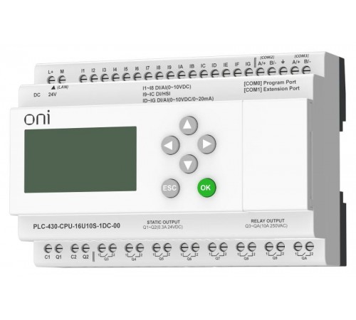 ПЛК 430 Модуль ЦПУ 4 DI 12 UI 8 RO 2 TO 24В DC EP с экр  PLC-430-CPU-16U10S-1DC-00  ONI