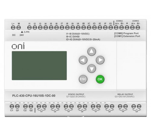 ПЛК 430 Модуль ЦПУ 4 DI 12 UI 8 RO 2 TO 24В DC EP с экр  PLC-430-CPU-16U10S-1DC-00  ONI
