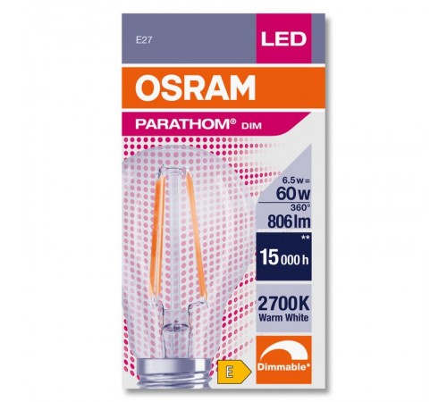 Лампа светодиодная филаментная диммируемая PARATHOM A 806лм 6,5Вт 2700К E27 колба A 300° прозр стекло 220-240В  4058075591172  OSRAM