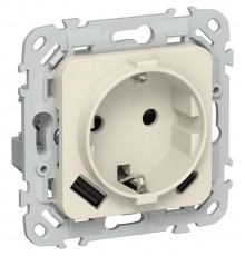 FLITE Розетка с заземлением со шторками 16А с USB A+C 20Вт быстрозажимные клеммы РСЮшс11-1-ФлСл сливочный  FI-R14-16-1-U22-020-K86  IEK