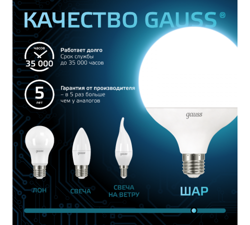 Лампа светодиодная Black LED G125 E27 22W 1840lm 4100K  105102222  Gauss