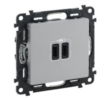 Valena LIFE Алюминий Зарядное устройство с 2-мя USB-разьемами тип С-тип С 240В/5В 3000мА С лицевой панелью  753307  Legrand