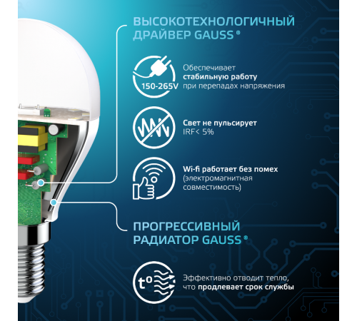 Лампа светодиодная LED 6,5Вт E14 220В 4100К шар  105101207  Gauss