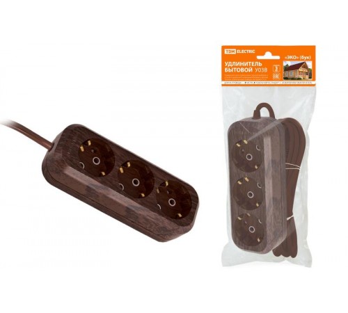Удлинитель бытовой У03 3 гнезда, 3метра,2П+3, ПВС 3х1мм2 "Эко" (бук) 16А/250В  SQ1303-3001  TDM