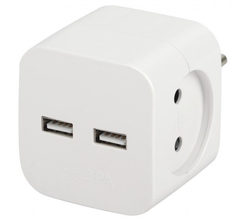 Разветвитель электрический ЭРА SP-2-USB-W на 2 розетки + 2xUSB 2400mA, без заземл 10А (белый)   Б0049531  ЭРА