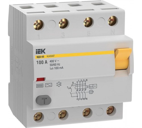 Выключатель дифференциальный (УЗО) ВД3-63 4P 100А 100мА 6кА тип АС KARAT  MDV20-4-100-100  IEK