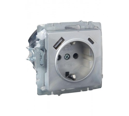 BRITE Розетка с заземлением со шторками 16А с USB A+C 18Вт РЮш11-1-БрА алюминий  BR-R14-16-U22-018-K47  IEK