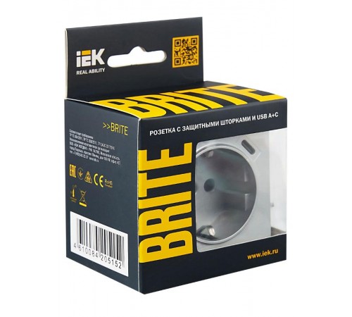 BRITE Розетка с заземлением со шторками 16А с USB A+C 18Вт РЮш11-1-БрА алюминий  BR-R14-16-U22-018-K47  IEK