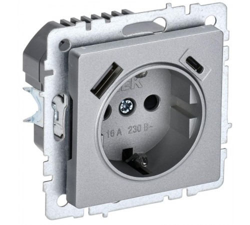 BRITE Розетка с заземлением со шторками 16А с USB A+C 18Вт РЮш11-1-БрА алюминий  BR-R14-16-U22-018-K47  IEK