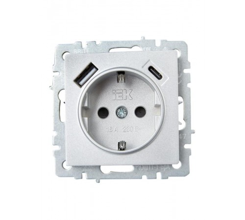 BRITE Розетка с заземлением со шторками 16А с USB A+C 18Вт РЮш11-1-БрА алюминий  BR-R14-16-U22-018-K47  IEK