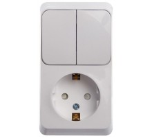 Этюд Белый О/У Блок: Розетка с заземлением со шторками+Выключатель 2-клавишный  BPA16-202B  SE