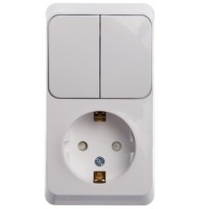 Этюд Белый О/У Блок: Розетка с заземлением со шторками+Выключатель 2-клавишный  BPA16-202B  SE