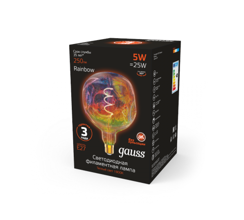 Лампа светодиодная LED Filament Rainbow Spiral G150CR 5W E27 250lm 1800K 1/6  1007802103  Gauss