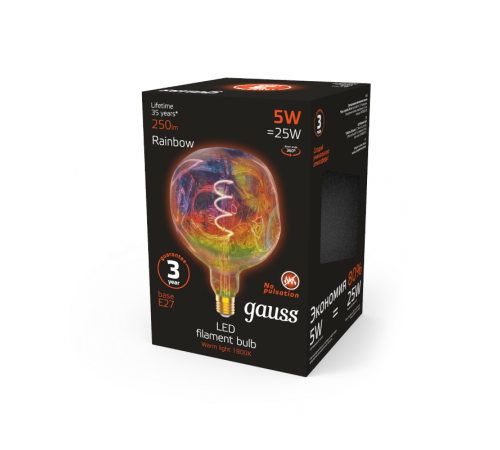 Лампа светодиодная LED Filament Rainbow Spiral G150CR 5W E27 250lm 1800K 1/6  1007802103  Gauss