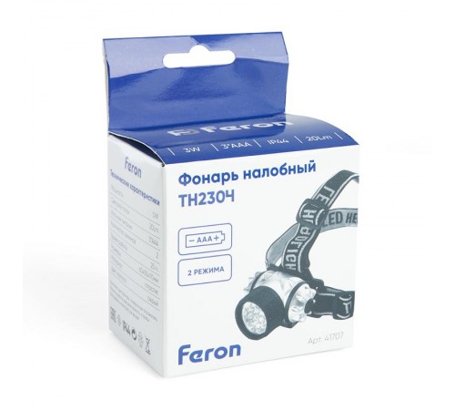 Фонарь налобный светодиодный, работающий от батареек 3*AAA, 3W 14LEDs, IP44, пластик, TH2304  41708  FERON