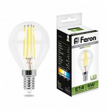 Лампа светодиодная LB-61 (5W) 230V E14 4000K филамент G45 прозрачная  25579  FERON