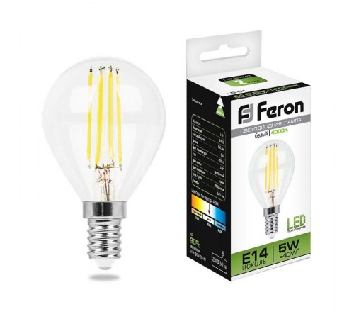 Лампа светодиодная LB-61 (5W) 230V E14 4000K филамент G45 прозрачная  25579  FERON