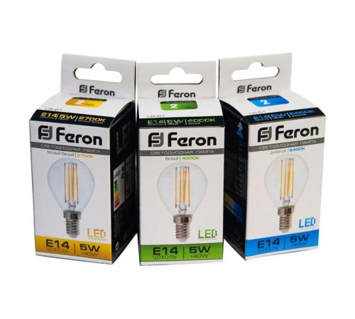 Лампа светодиодная LB-61 (5W) 230V E14 4000K филамент G45 прозрачная  25579  FERON