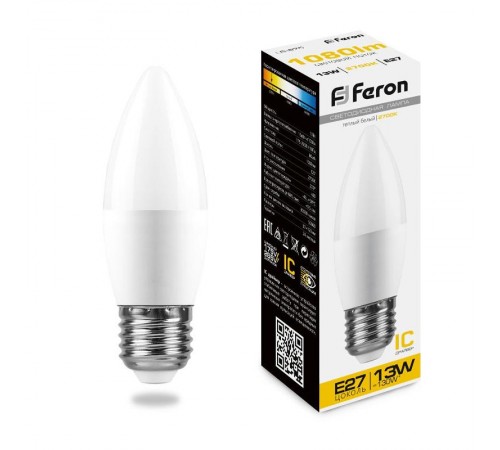 Лампа светодиодная, (13W) 230V E27 2700K С37, LB-970  38110  FERON