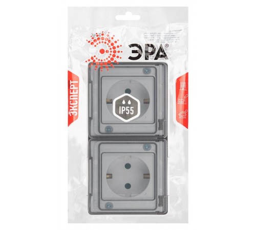 Розетка 2-ая ЭРА Эксперт 11-2504-01 2х2P+E гориз. IP55, с заземлением со шторками, 16A-250В, ОУ, Белый  Б0063262  ЭРА
