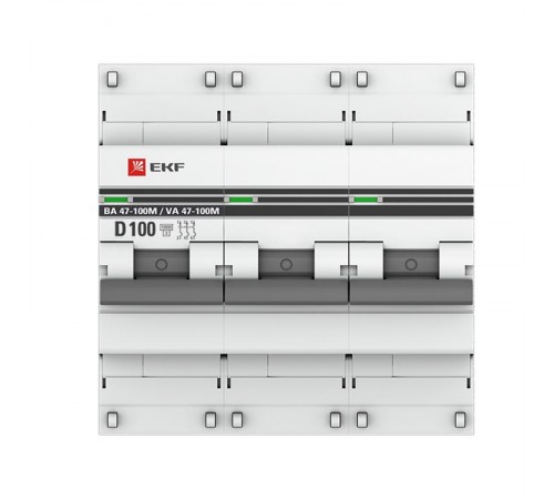Выключатель автоматический трехполюсный 3P 100А (D) 10kA ВА 47-100M c электромагнитным расцепителем PROxima  mcb47100m-3-100D-pro  EKF