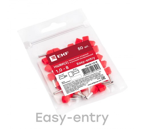 Наконечник штыревой втулочный изолированный НШвИ(2) 1,0-8 (50шт.) EKF PROxima  nhvi2-1.0-8  EKF