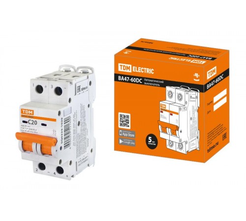 Выключатель автоматический двухполюсный ВА47-60DC 2P 20А 6кА х-ка С  SQ0223-1029  TDM