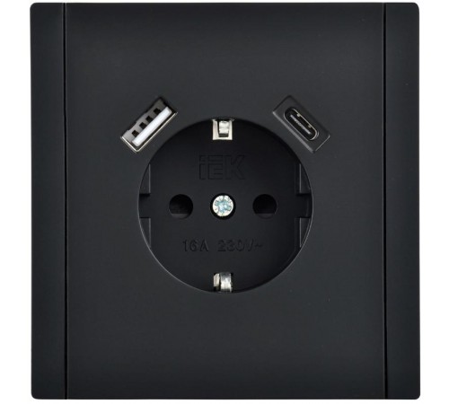 FORTE&PIANO Розетка с заземлением, со шторками в/к 16А USB A+C 18Вт FP147 черный  FP-R14-16-U22-018-K02  IEK