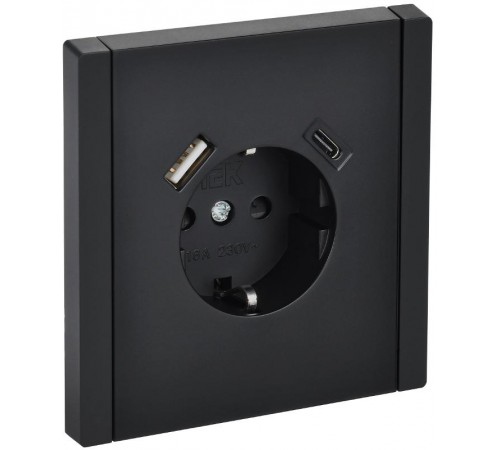 FORTE&PIANO Розетка с заземлением, со шторками в/к 16А USB A+C 18Вт FP147 черный  FP-R14-16-U22-018-K02  IEK