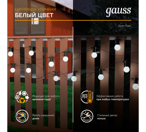 Гирлянда светодиодная "Белт Лайт" серия Holiday, 10 ламп, 7,7 м, IP44, белый, 1/6  HL062  Gauss