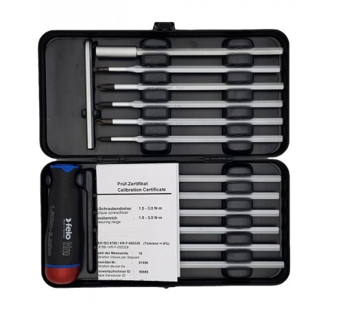 Отвертка c регулировкой крутящего момента Серия Nm 1,5-3,0 с набором насадок 12 шт в кейсе plus/minus  10099716  Felo