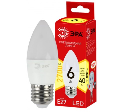 Лампа светодиодная LED  6Вт Е27 220В 2700К smd B35 ECO свеча  Б0020620  ЭРА