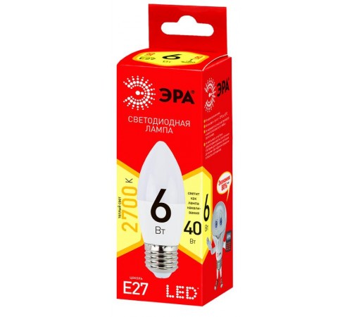 Лампа светодиодная LED  6Вт Е27 220В 2700К smd B35 ECO свеча  Б0020620  ЭРА