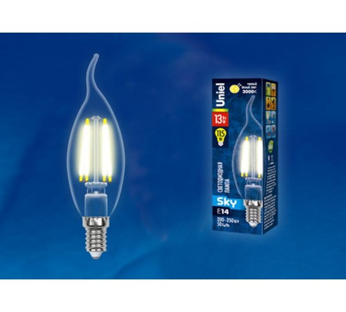Лампа светодиодная LED-CW35-13W/3000K/E14/CL PLS02WH LED. "свеча на ветру", прозр. Серия Sky. 3000К .  UL-00005903  Uniel