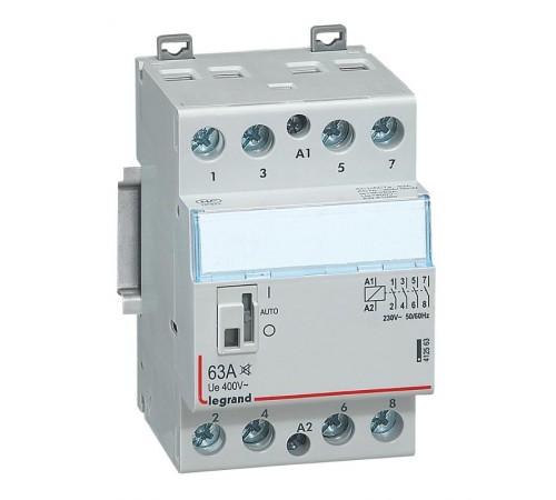 Контактор CX 4П 400В катушка 230В 63A 4НО 2 модуля, преременный ток АС, с рукояткой управления, малошумный 412563  Legrand