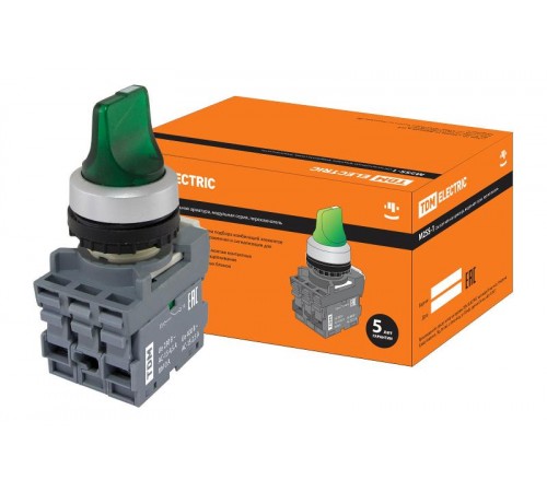 Переключатель на 2 положения с фиксацией M2SS1-21G короткая ручка(LED) d22мм/220B 1з+1р зеленый  SQ0747-0071  TDM