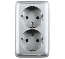 Розетка открытой установки, двухместная, с заземляющим контактом, со шторками, цвет серебро  РА16-152-06  HEGEL